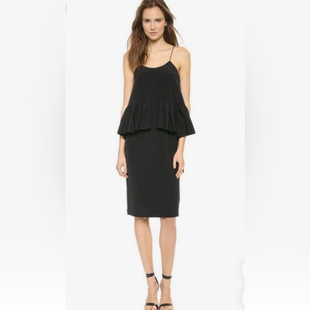 Tibi Black Ruffled Peplum silk Midi Dress